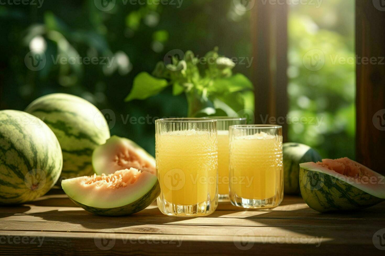 Glass of musk melon juice on wooden background. Healthy drink. ai generated  pro photo