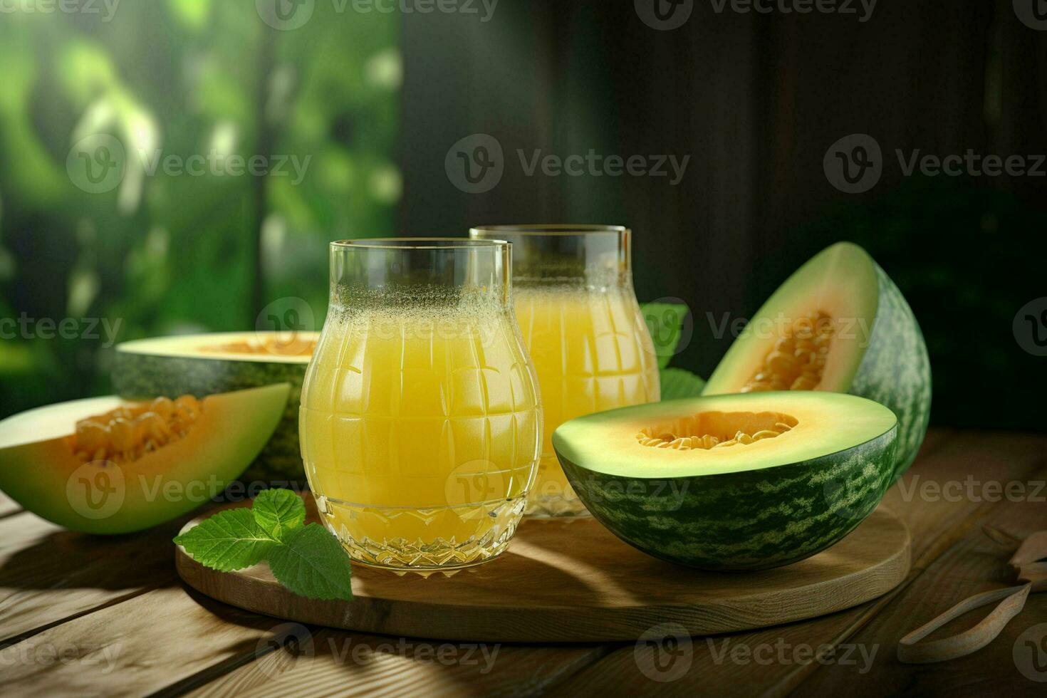 Glass of musk melon juice on wooden background. Healthy drink. ai generated  pro photo