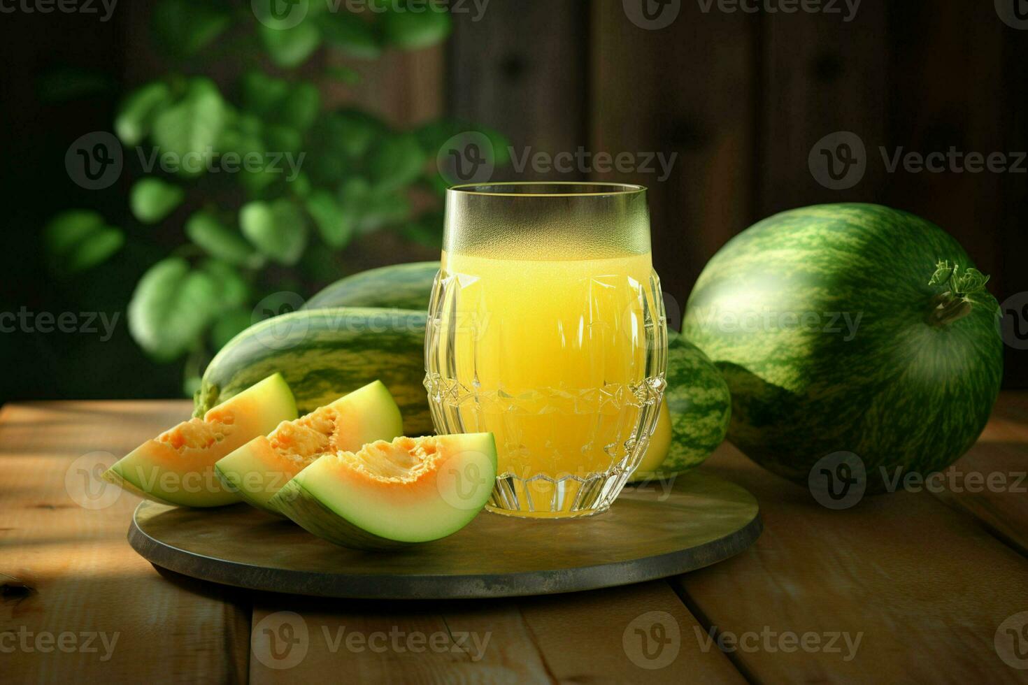 Glass of musk melon juice on wooden background. Healthy drink. ai generated  pro photo
