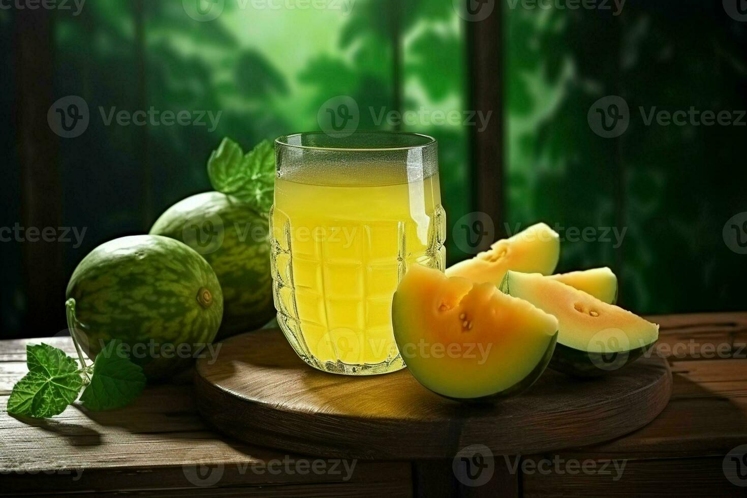 Glass of musk melon juice on wooden background. Healthy drink. ai generated  pro photo
