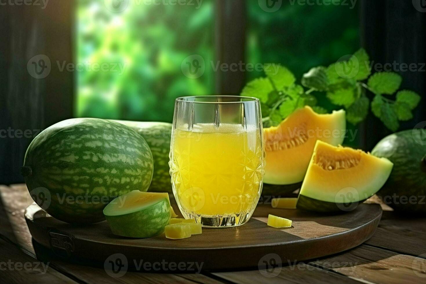 Glass of musk melon juice on wooden background. Healthy drink. ai generated  pro photo