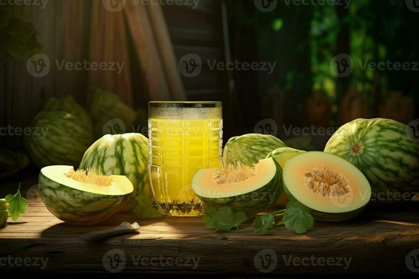 Glass of musk melon juice on wooden background. Healthy drink. ai generated  pro photo