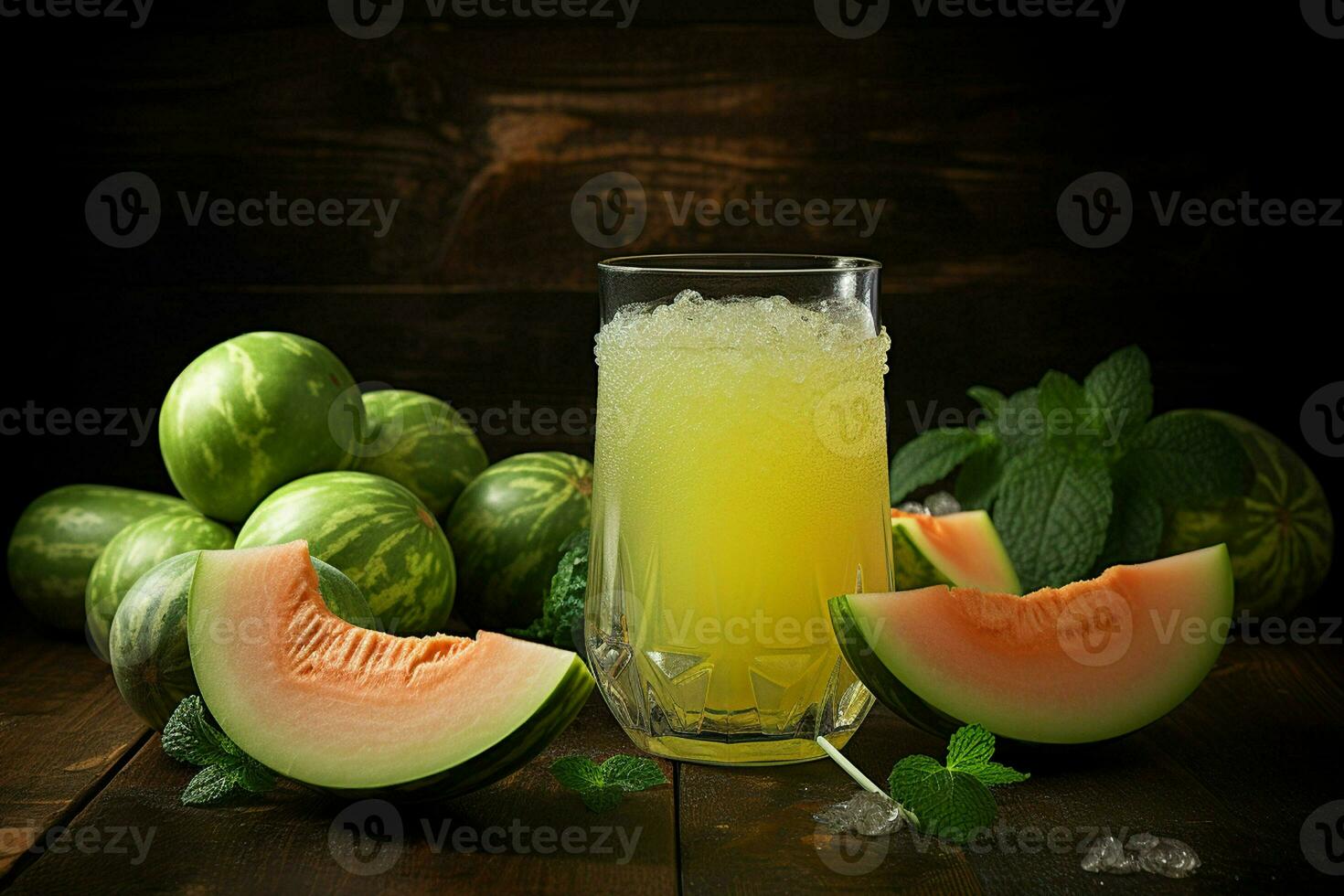 Glass of musk melon juice on wooden background. Healthy drink. ai generated  pro photo