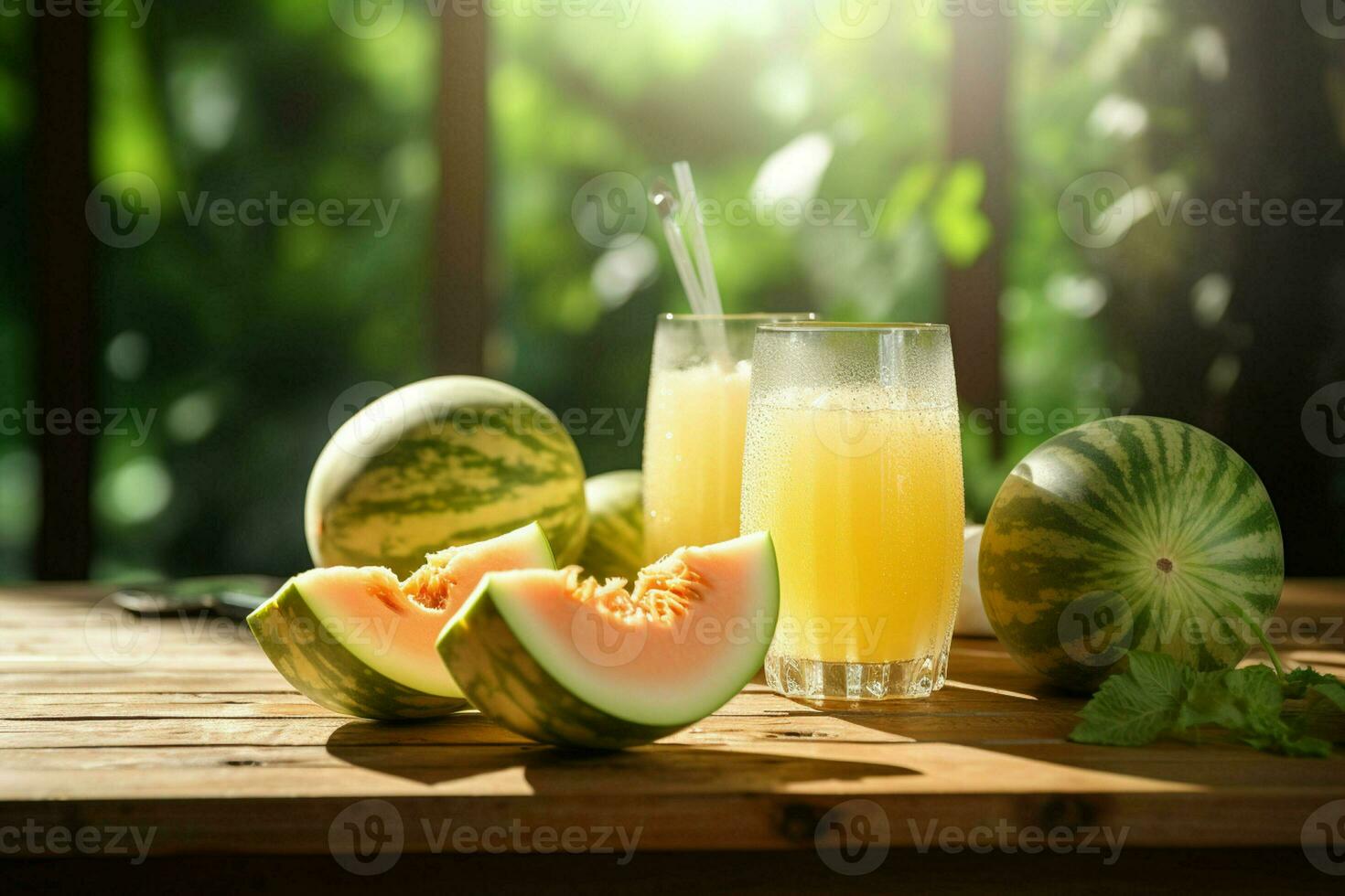 Glass of musk melon juice on wooden background. Healthy drink. ai generated  pro photo