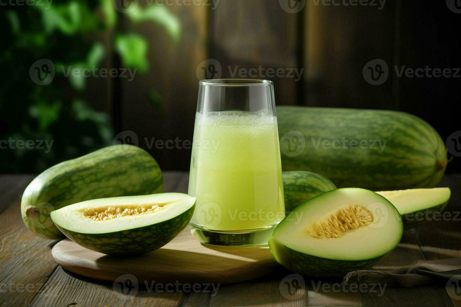 Glass of musk melon juice on wooden background. Healthy drink. ai generated  pro photo