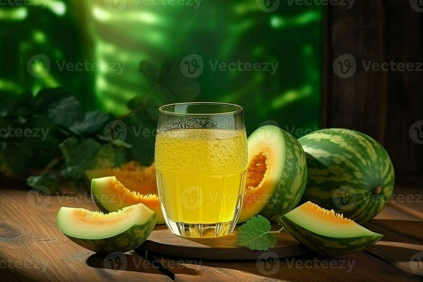 Glass of musk melon juice on wooden background. Healthy drink. ai generated  pro photo