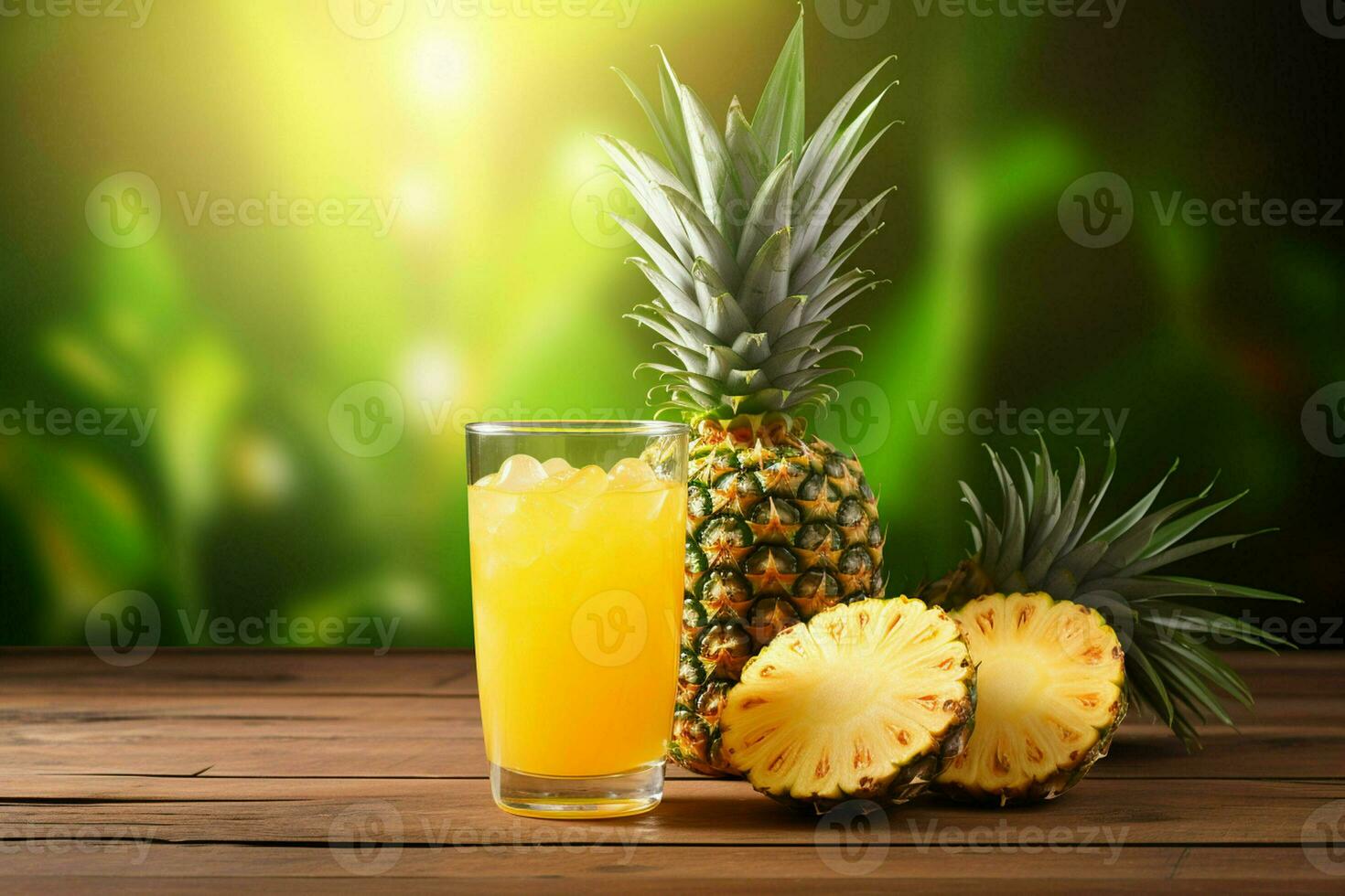 Glass of pineapple juice on wooden background. Healthy drink. ai generated  pro photo