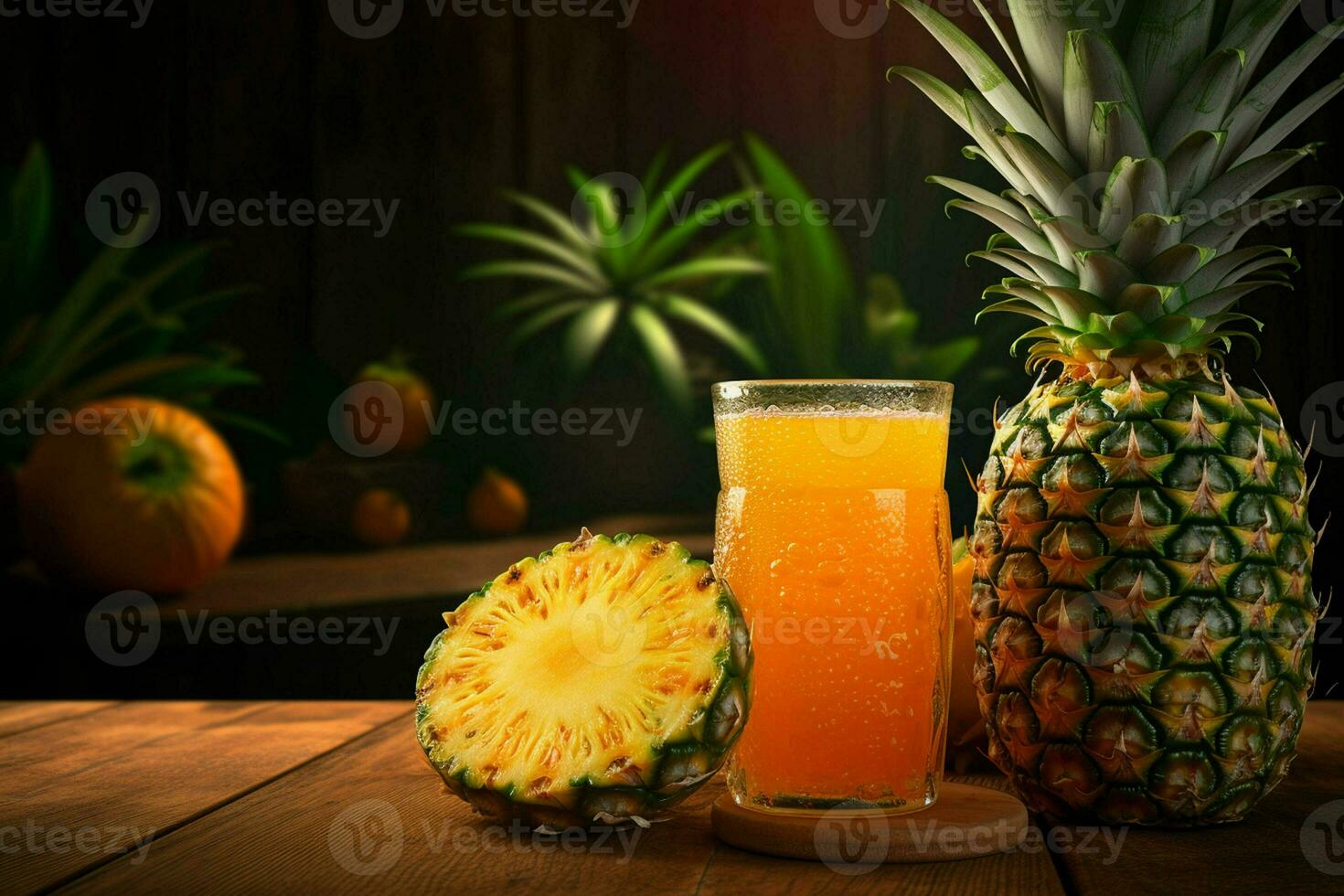 vaso de piña jugo en de madera antecedentes. sano beber. ai generado Pro foto