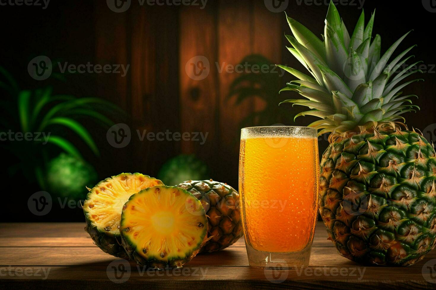 Glass of pineapple juice on wooden background. Healthy drink. ai generated  pro photo