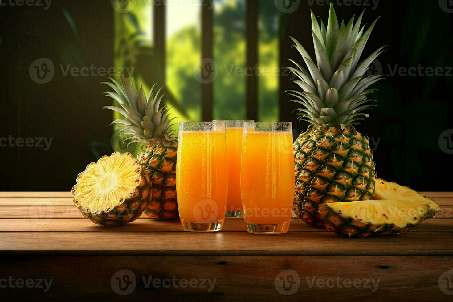 Glass of pineapple juice on wooden background. Healthy drink. ai generated  pro photo