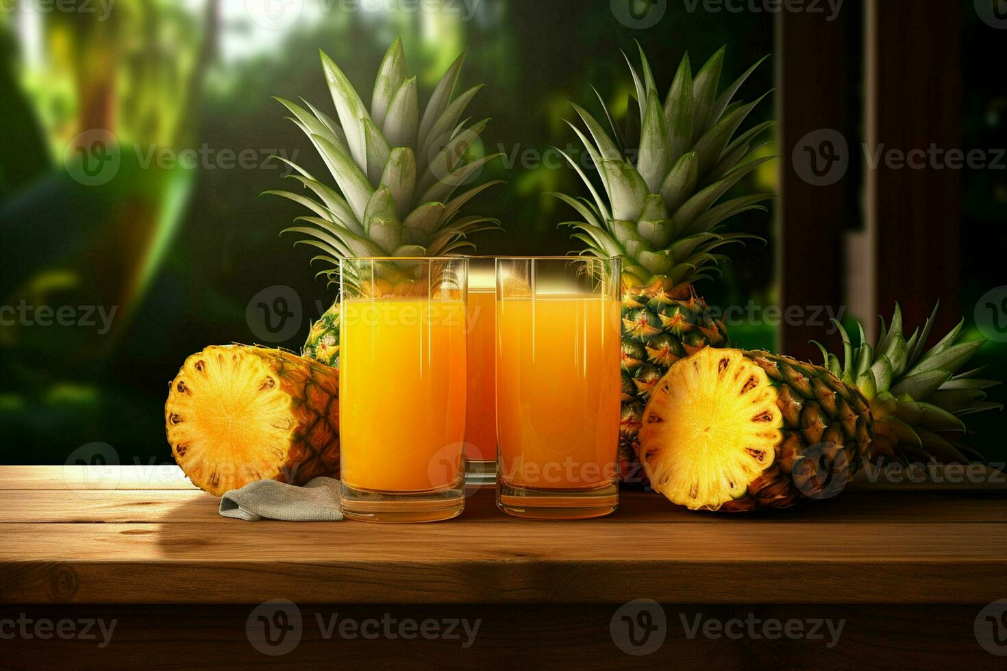 Glass of pineapple juice on wooden background. Healthy drink. ai generated  pro photo