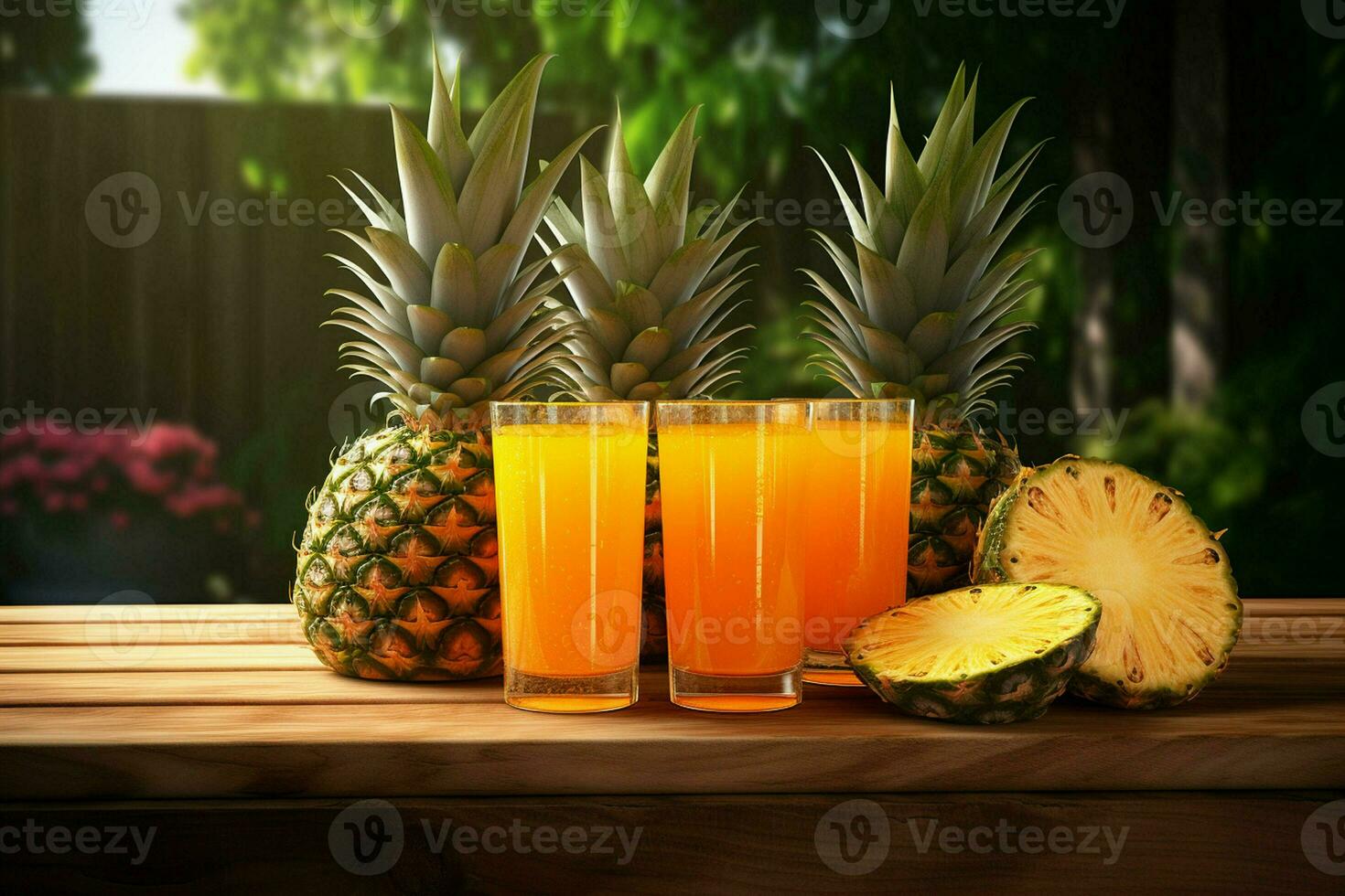Glass of pineapple juice on wooden background. Healthy drink. ai generated  pro photo