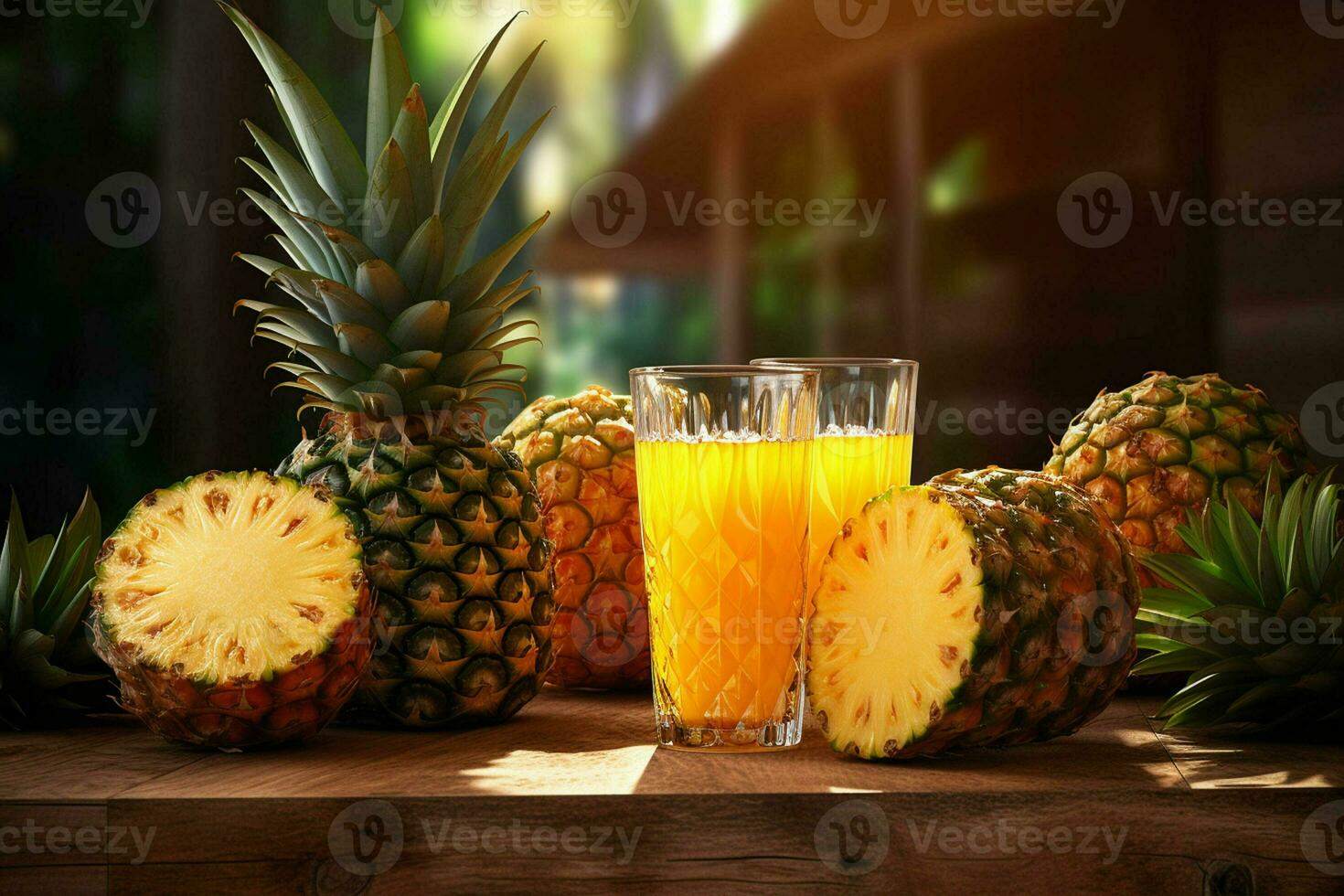 Glass of pineapple juice on wooden background. Healthy drink. ai generated  pro photo