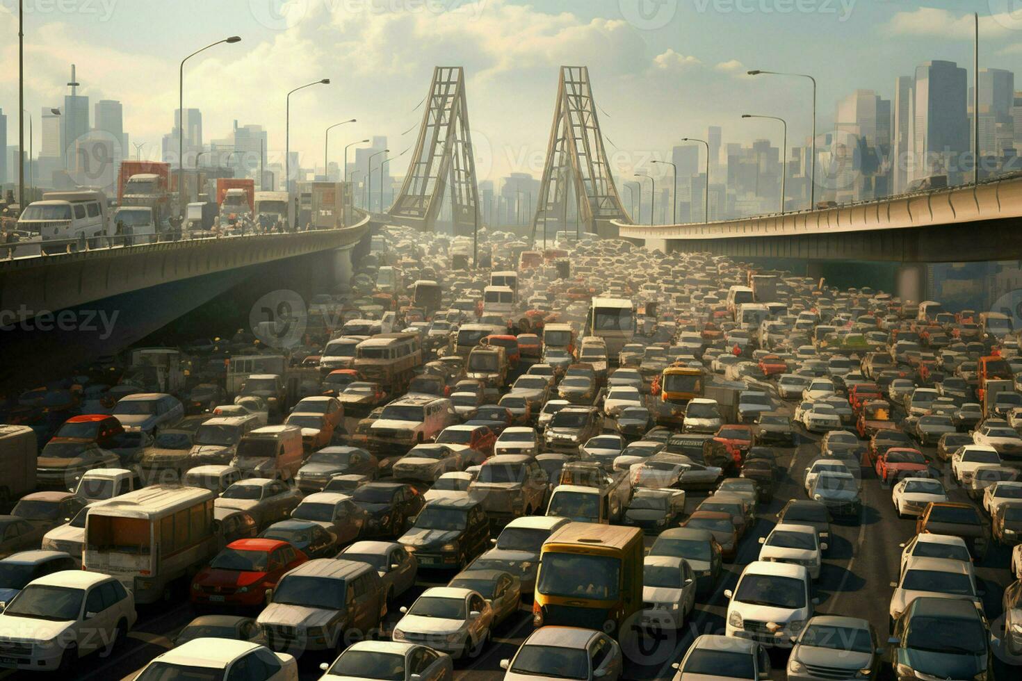 Aerial view of traffic jam on the road in Shanghai, China . Ai generated pro photo