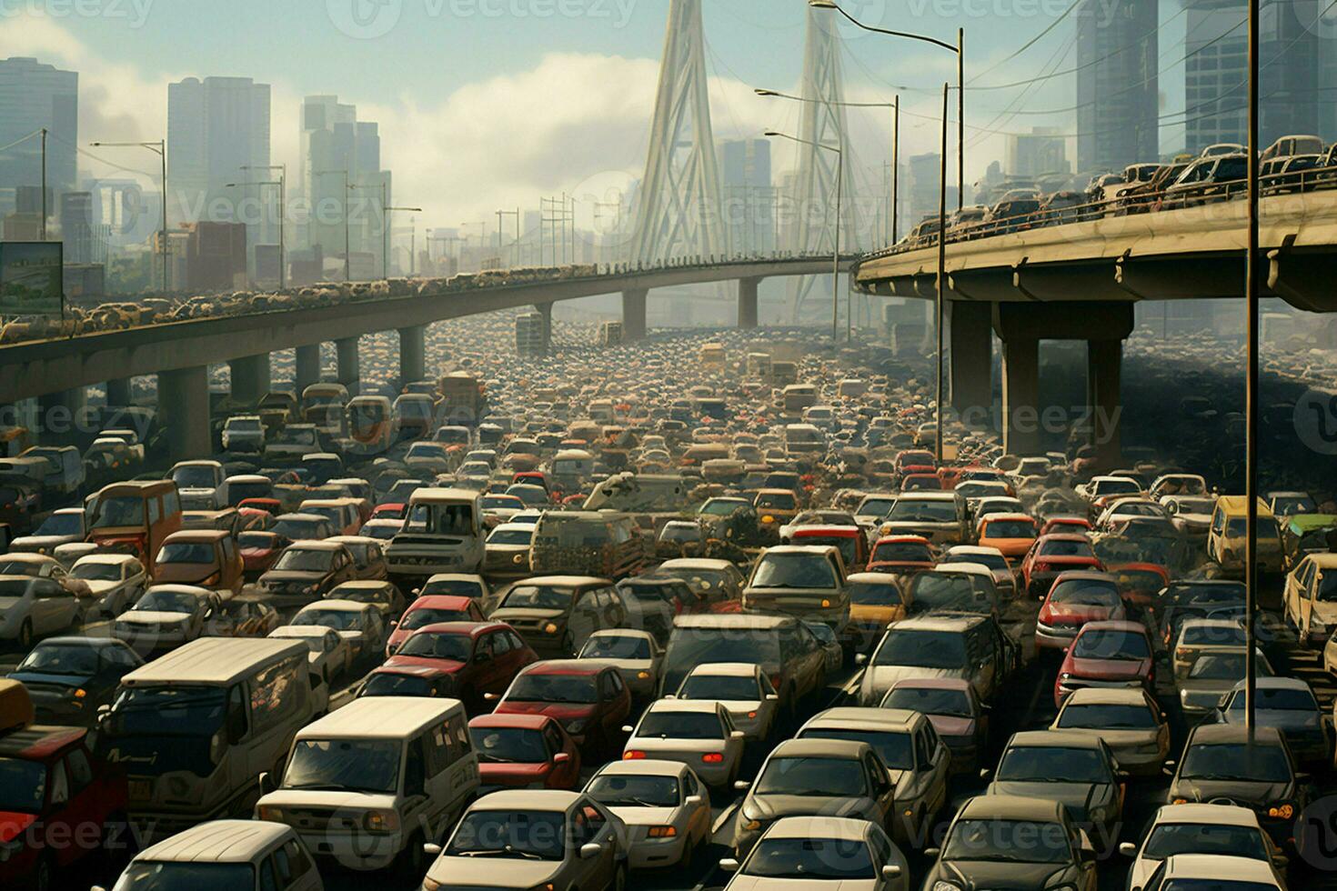 Aerial view of traffic jam on the road in Shanghai, China . Ai generated pro photo