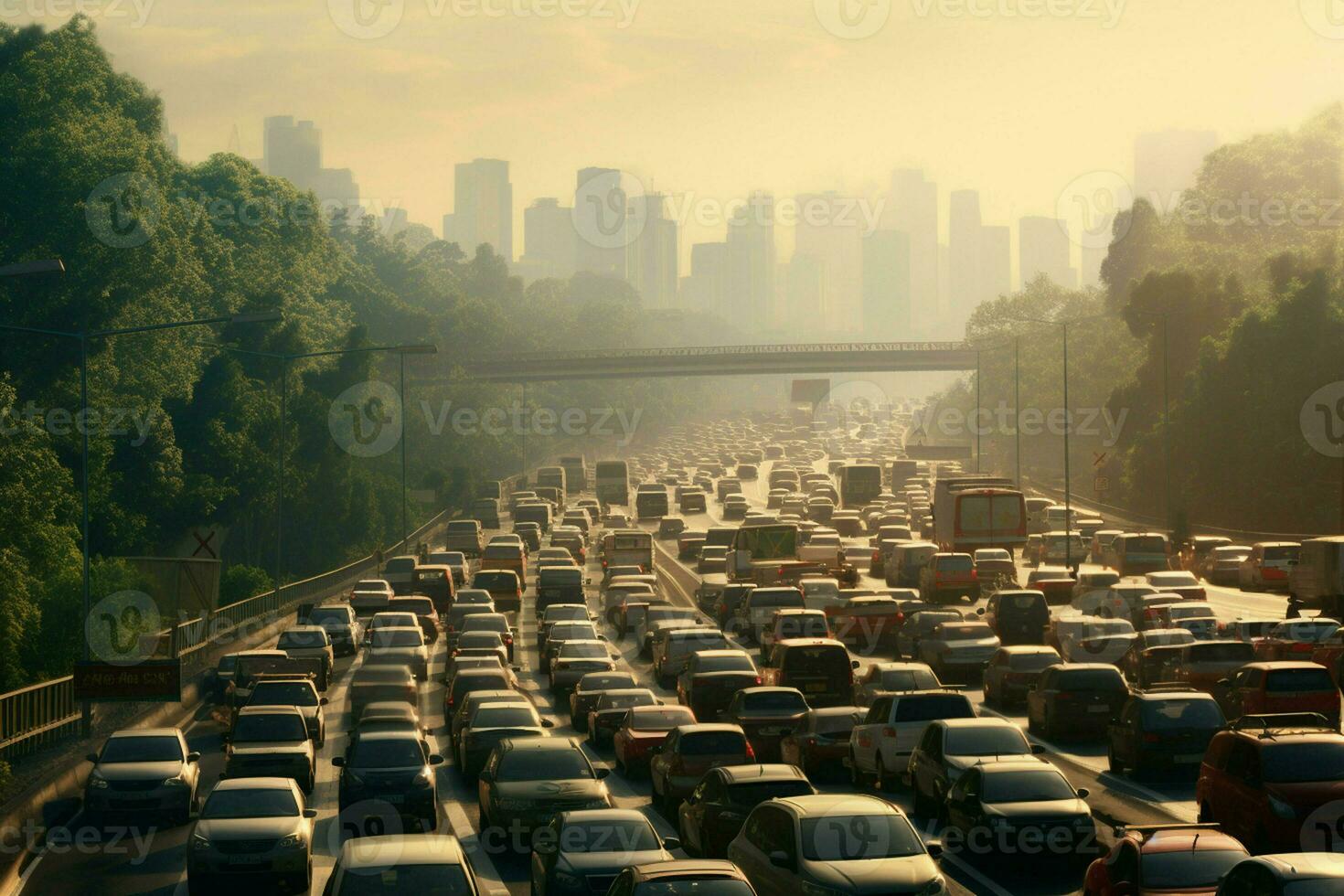 aéreo ver de tráfico mermelada en el la carretera en llevar a la fuerza, China . ai generado Pro foto