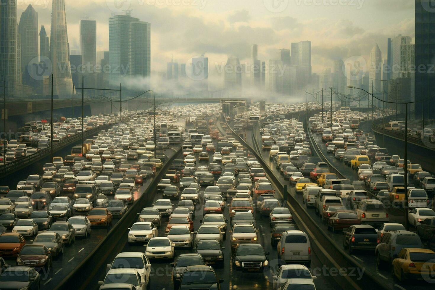 Aerial view of traffic jam on the road in Shanghai, China . Ai generated pro photo