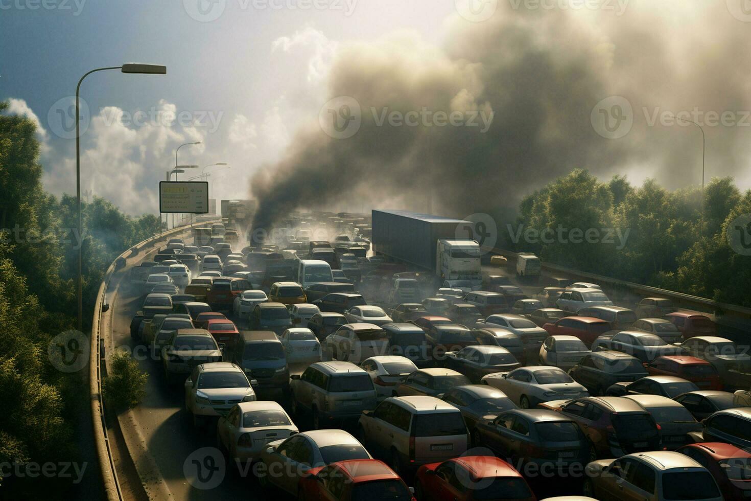 Aerial view of traffic jam on the road in Shanghai, China . Ai generated pro photo