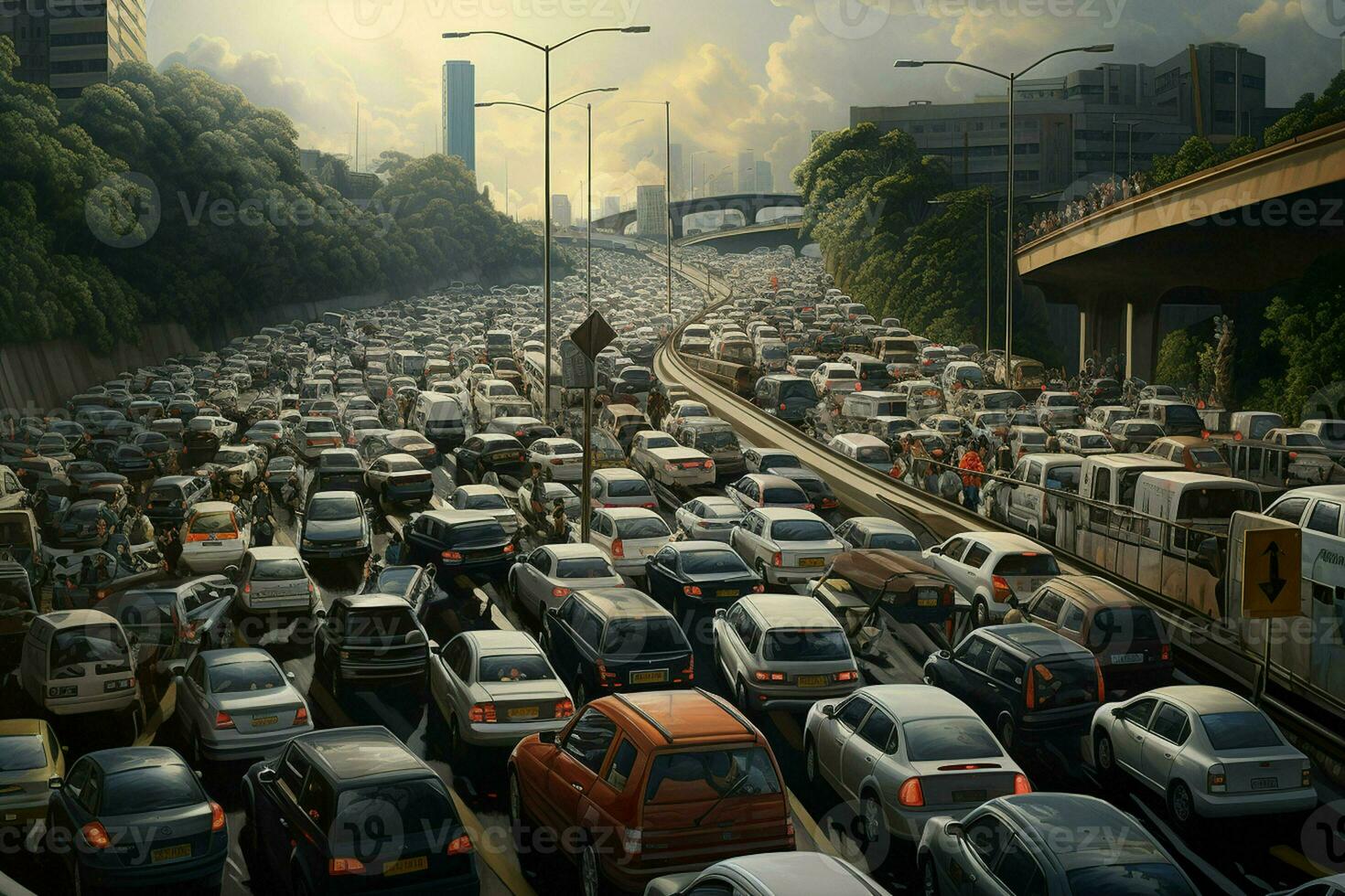 Aerial view of traffic jam on the road in Shanghai, China . Ai generated pro photo