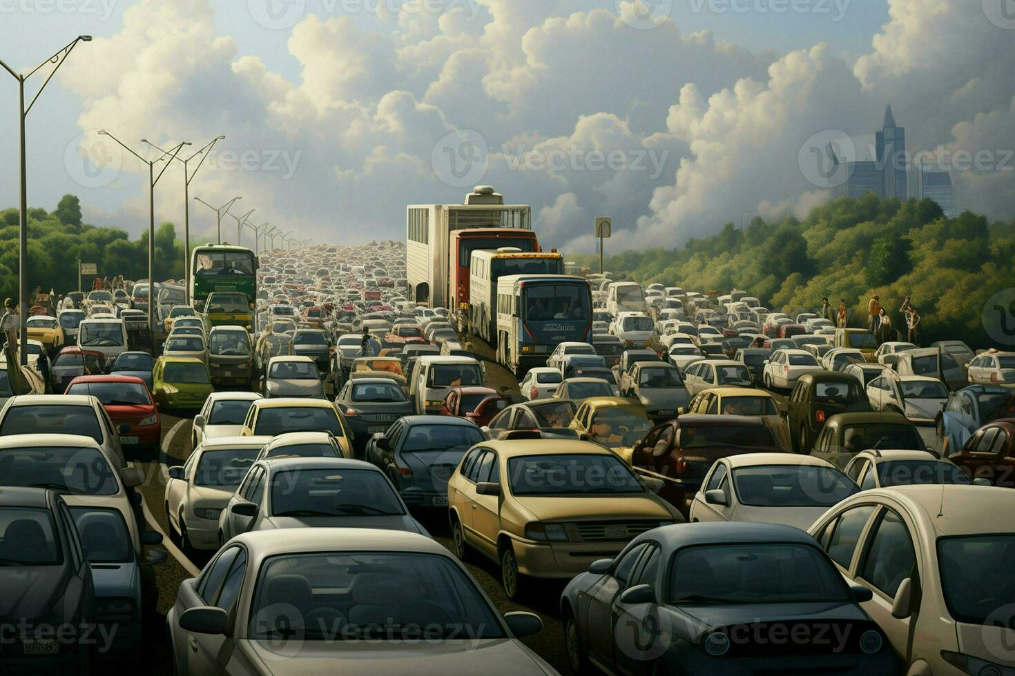 Aerial view of traffic jam on the road in Shanghai, China . Ai generated pro photo