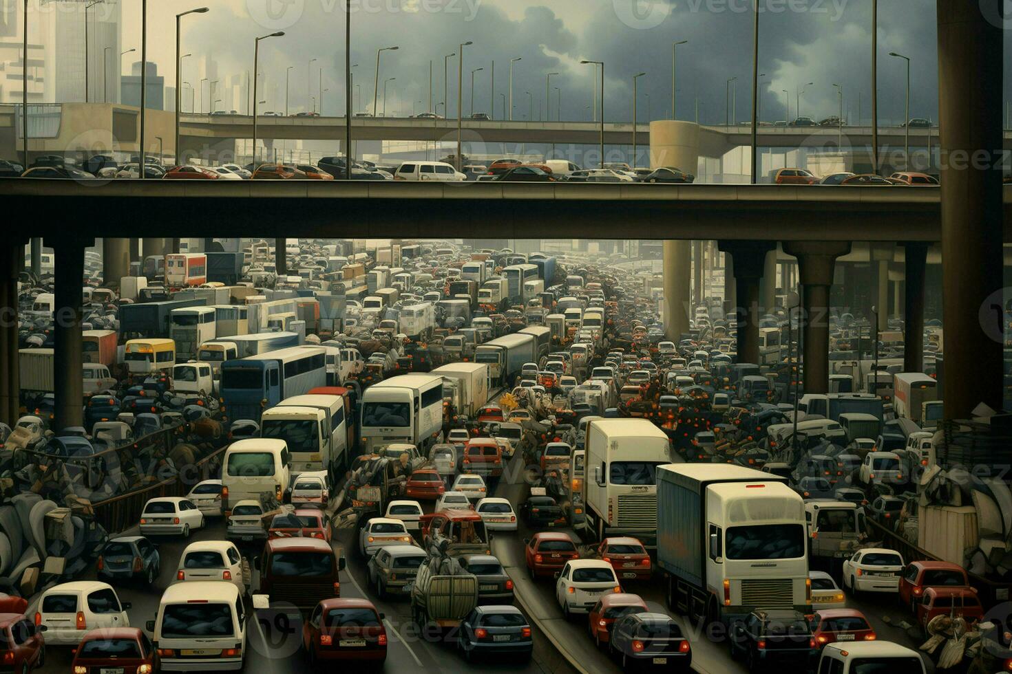 Aerial view of traffic jam on the road in Shanghai, China . Ai generated pro photo