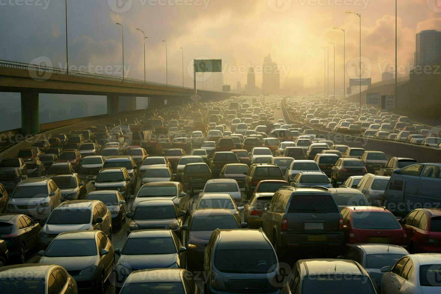 Aerial view of traffic jam on the road in Shanghai, China . Ai generated pro photo