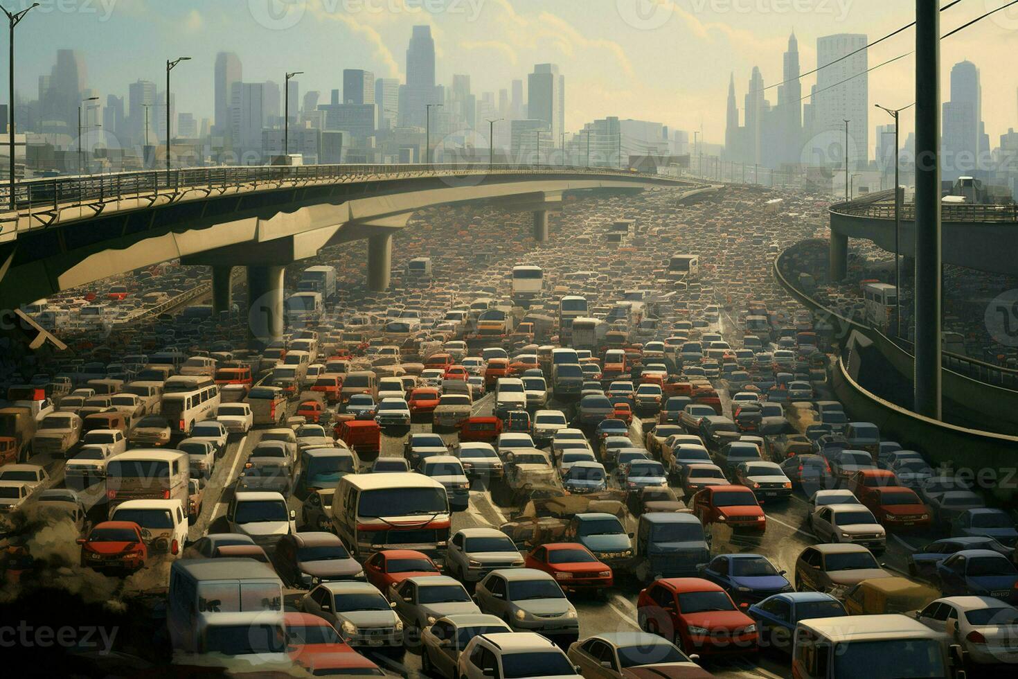 Aerial view of traffic jam on the road in Shanghai, China . Ai generated pro photo