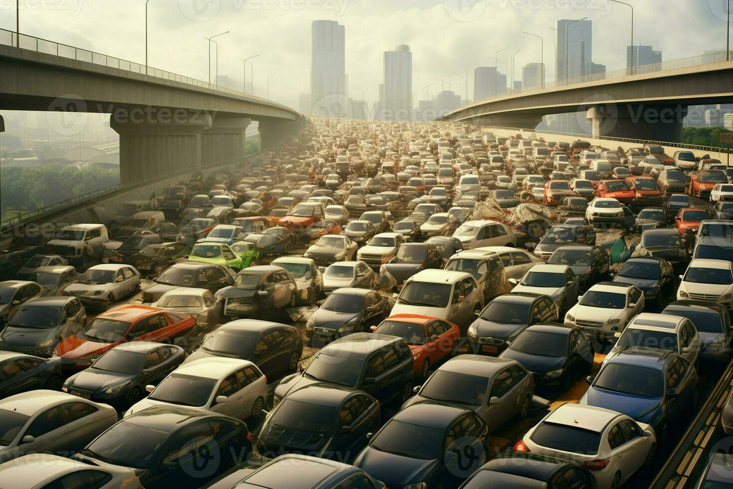 Aerial view of traffic jam on the road in Shanghai, China . Ai generated pro photo