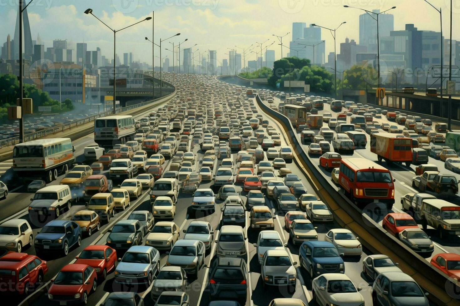 Aerial view of traffic jam on the road in Shanghai, China . Ai generated pro photo