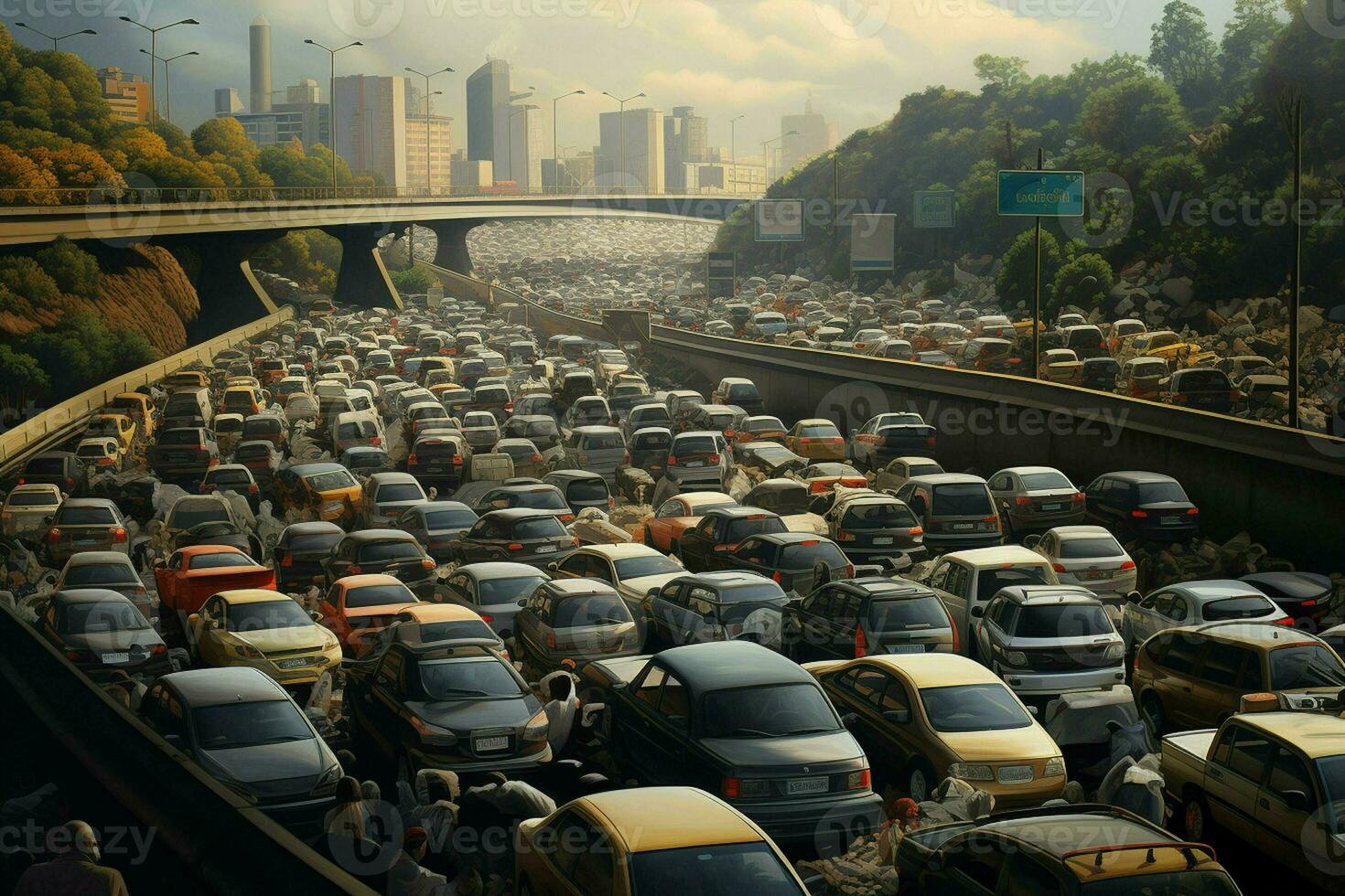 Aerial view of traffic jam on the road in Shanghai, China . Ai generated pro photo