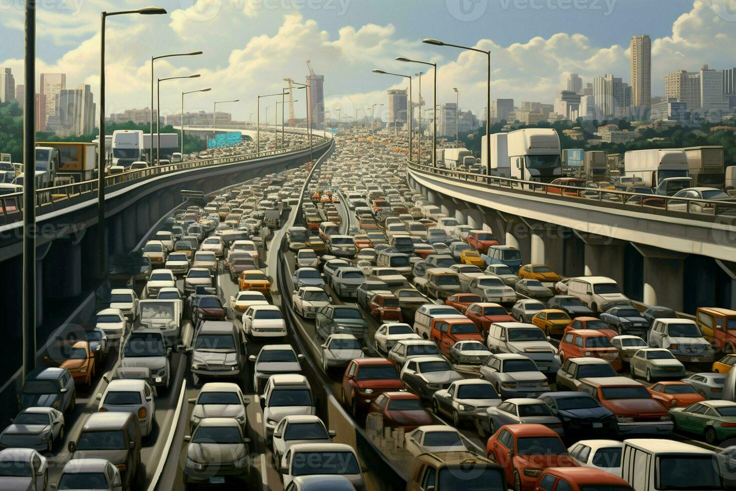 Aerial view of traffic jam on the road in Shanghai, China . Ai generated pro photo