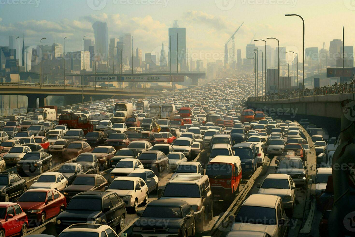 Aerial view of traffic jam on the road in Shanghai, China . Ai generated pro photo