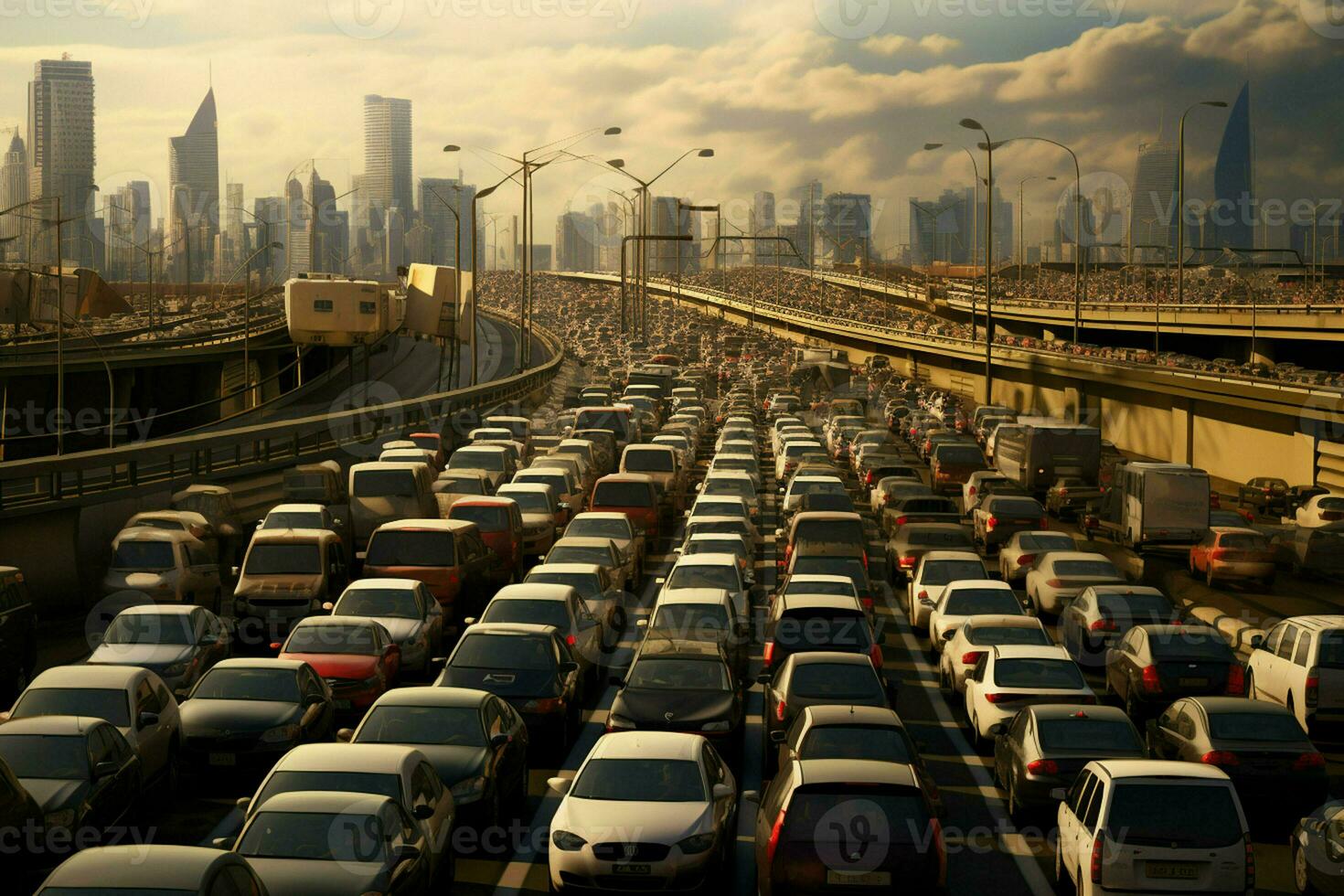 Aerial view of traffic jam on the road in Shanghai, China . Ai generated pro photo
