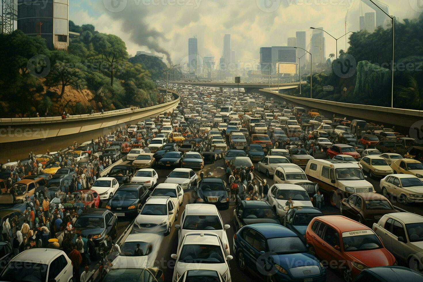 Aerial view of traffic jam on the road in Shanghai, China . Ai generated pro photo