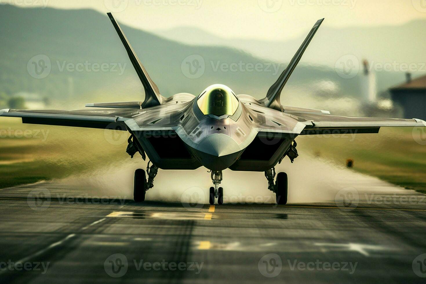 Military fighter jet on the runway of an airfield. 3d rendering. ai generated pro photo