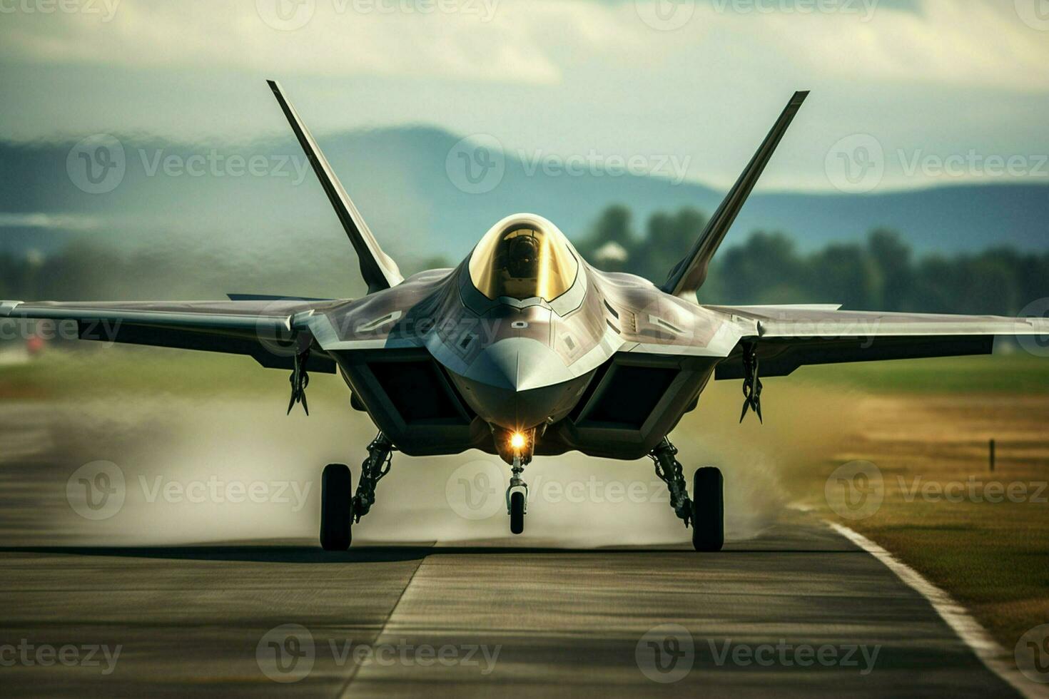 Military fighter jet on the runway of an airfield. 3d rendering. ai generated pro photo