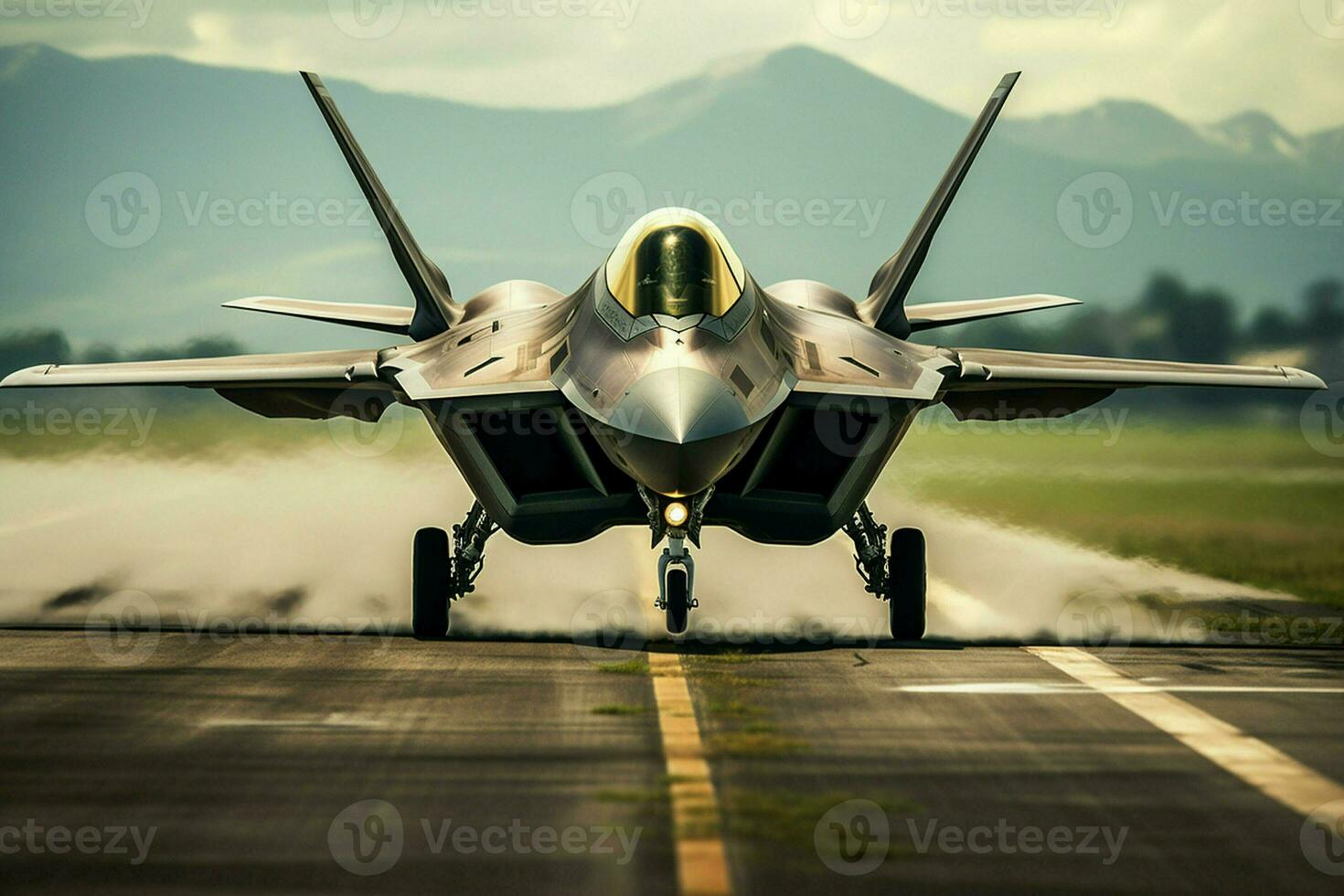 Military fighter jet on the runway of an airfield. 3d rendering. ai generated pro photo