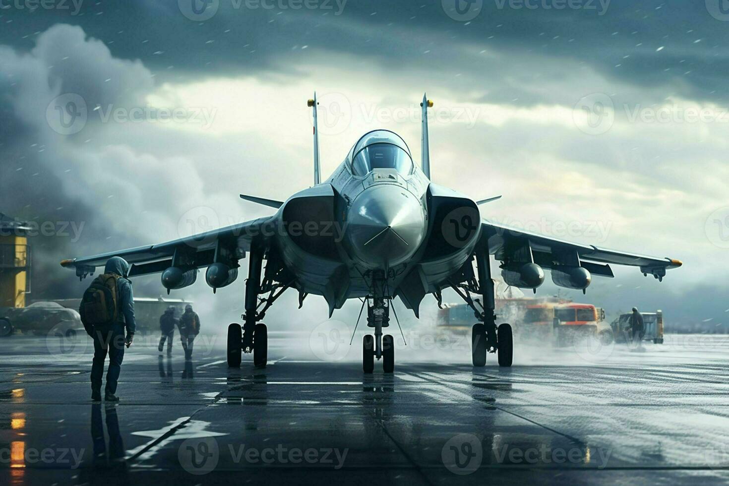 Military fighter jet on the runway of an airfield. 3d rendering. ai generated pro photo