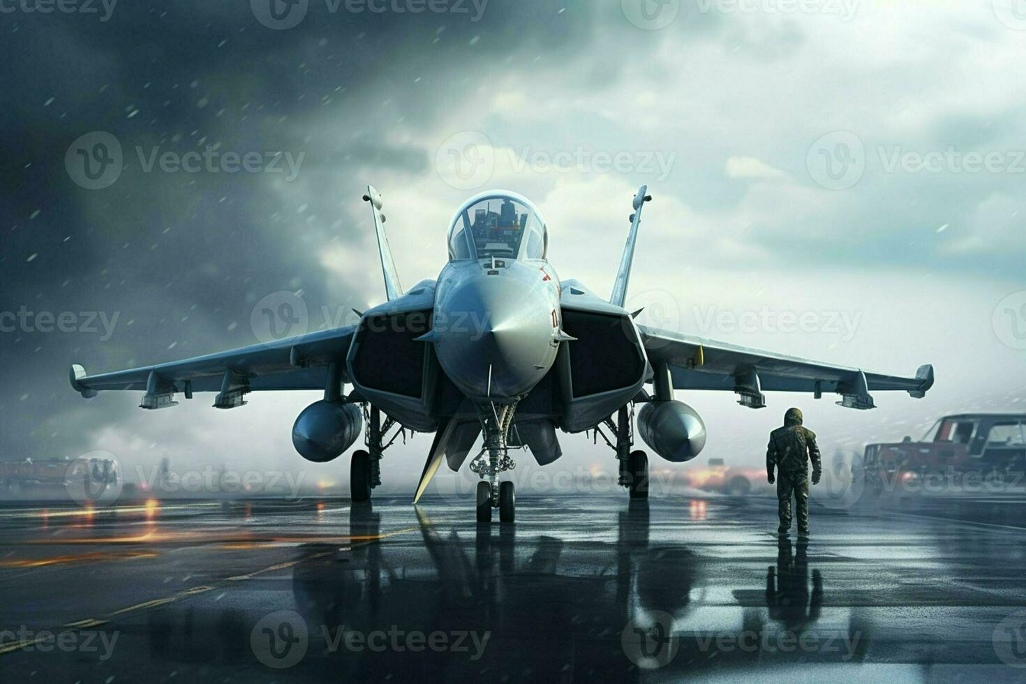 Military fighter jet on the runway of an airfield. 3d rendering. ai generated pro photo