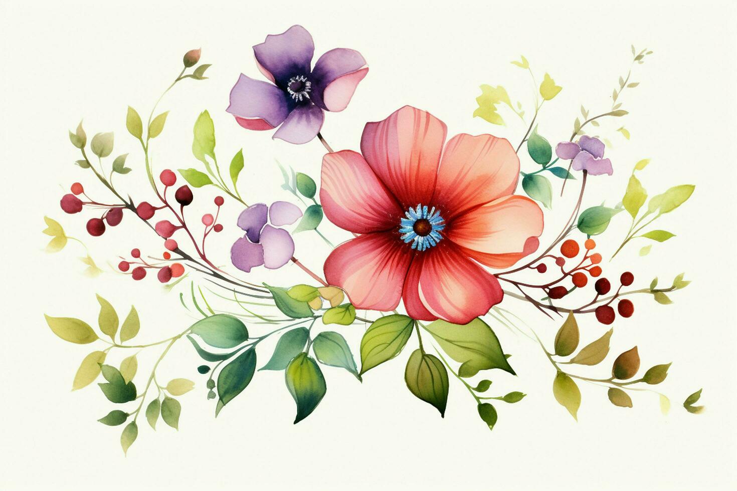 Greeting card with watercolor flowers handmade. Colorful watercolor floral bouquet on white background, vintage style. ai generated photo