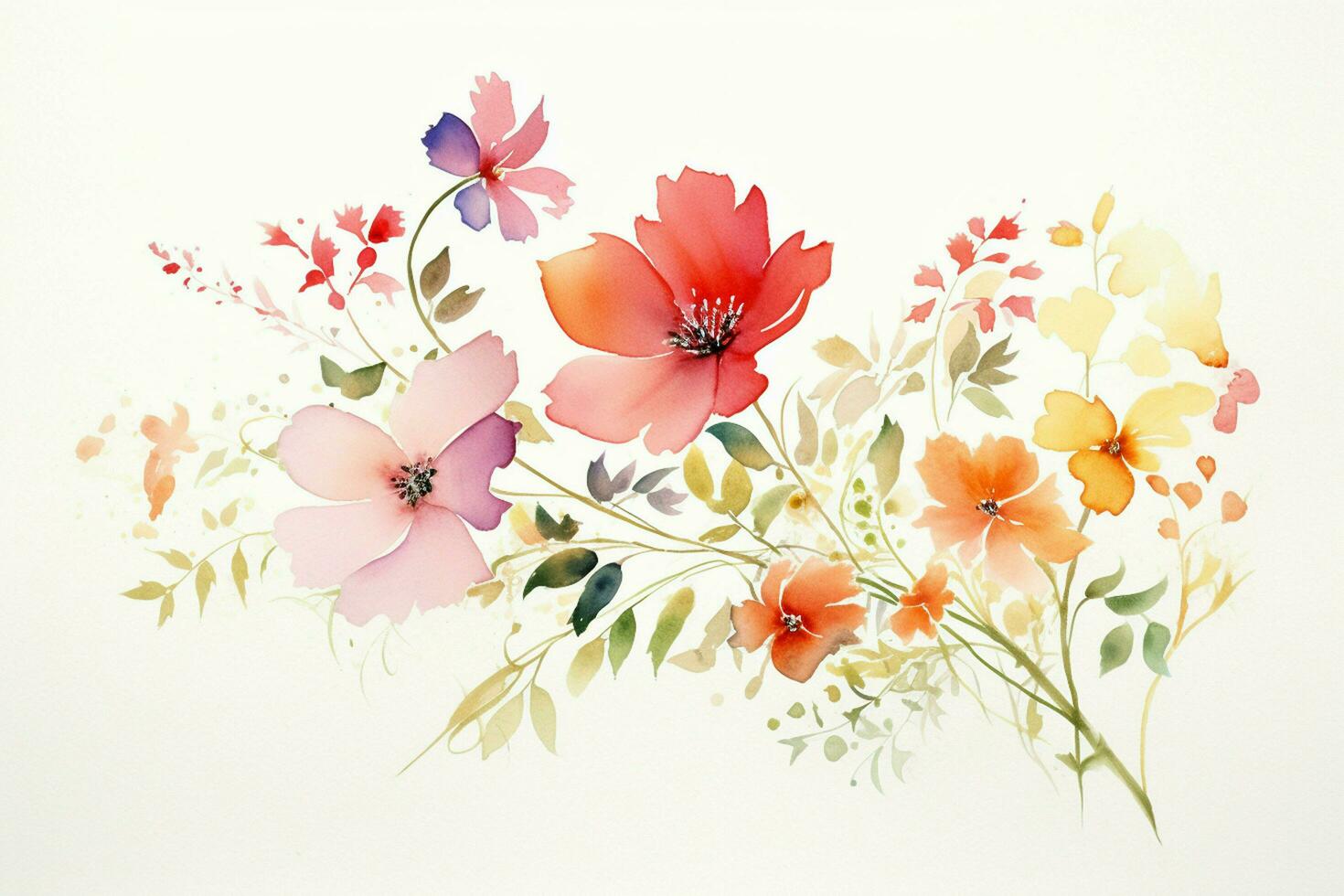 Greeting card with watercolor flowers handmade. Colorful watercolor floral bouquet on white background, vintage style. ai generated photo