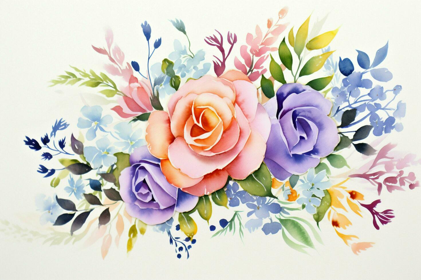 Greeting card with watercolor flowers handmade. Colorful watercolor floral bouquet on white background, vintage style. ai generated photo