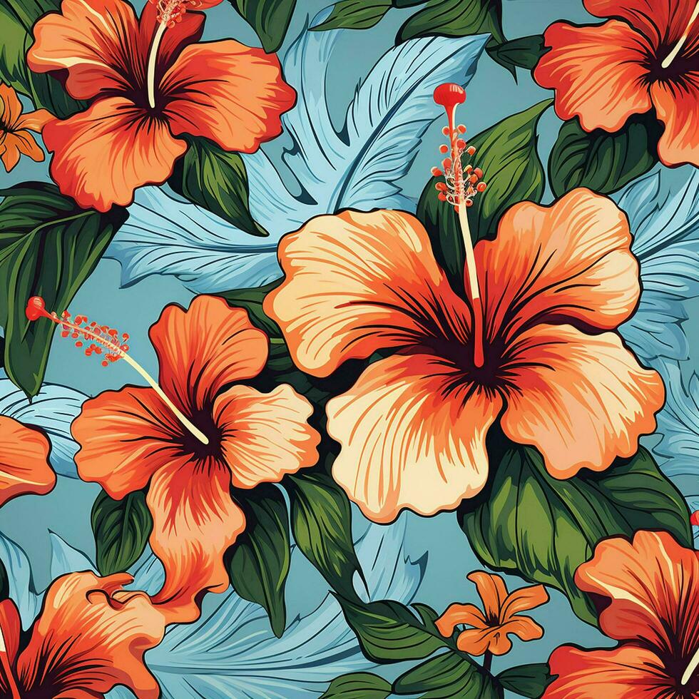 tropical hibiscus flowers and palm leaves background. ai generated free photo