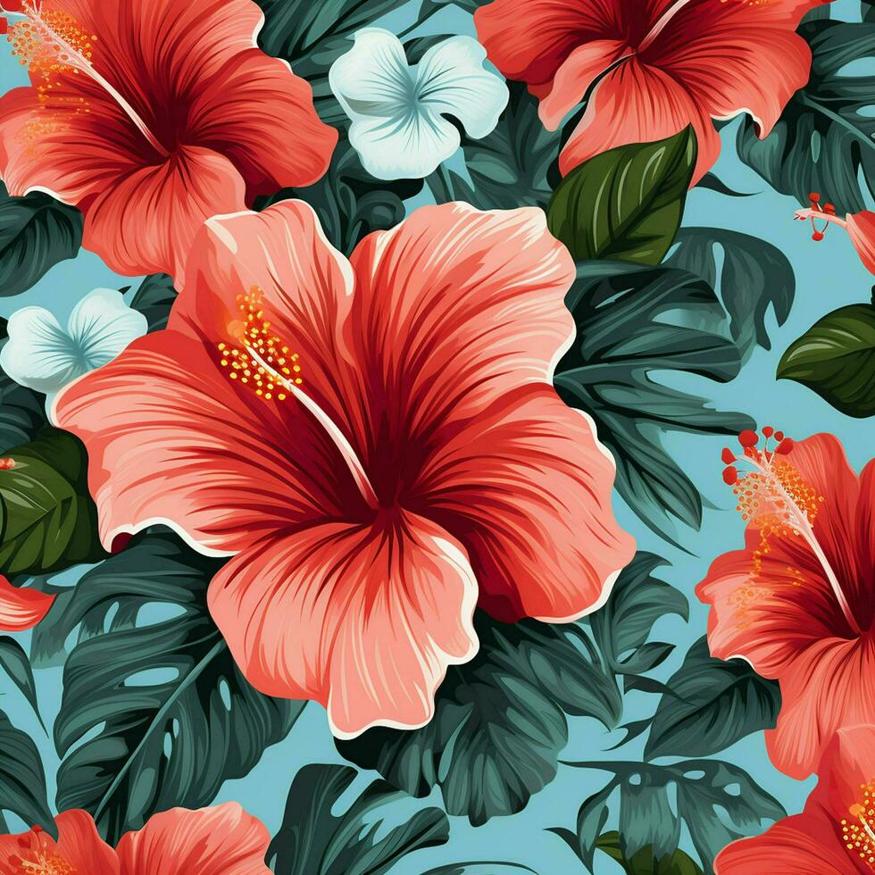 tropical hibiscus flowers and palm leaves background. ai generated free photo