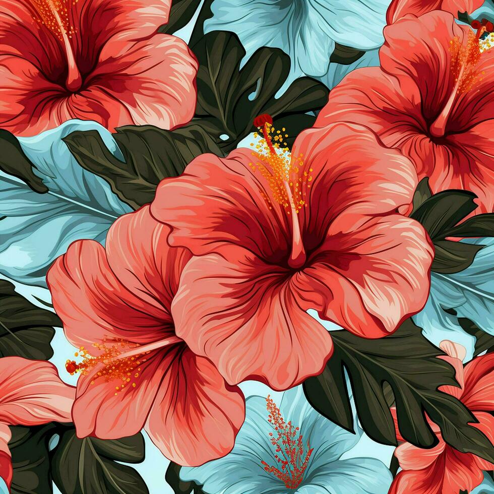 tropical hibiscus flowers and palm leaves background. ai generated free photo