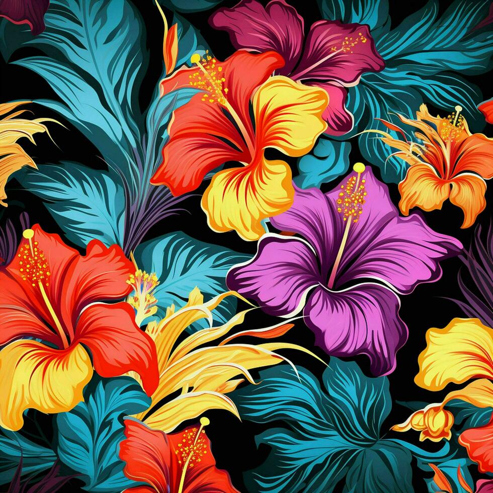 tropical hibiscus flowers and palm leaves background. ai generated free photo