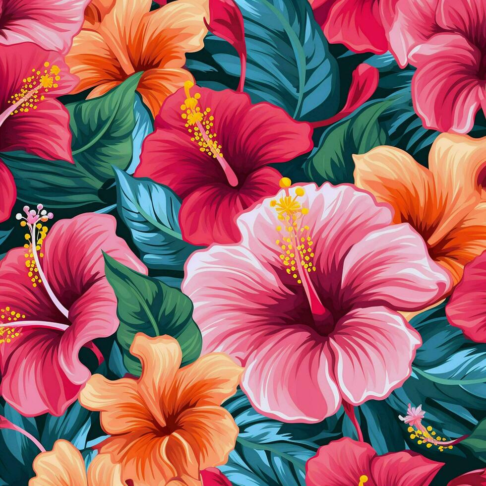 tropical hibiscus flowers and palm leaves background. ai generated free photo