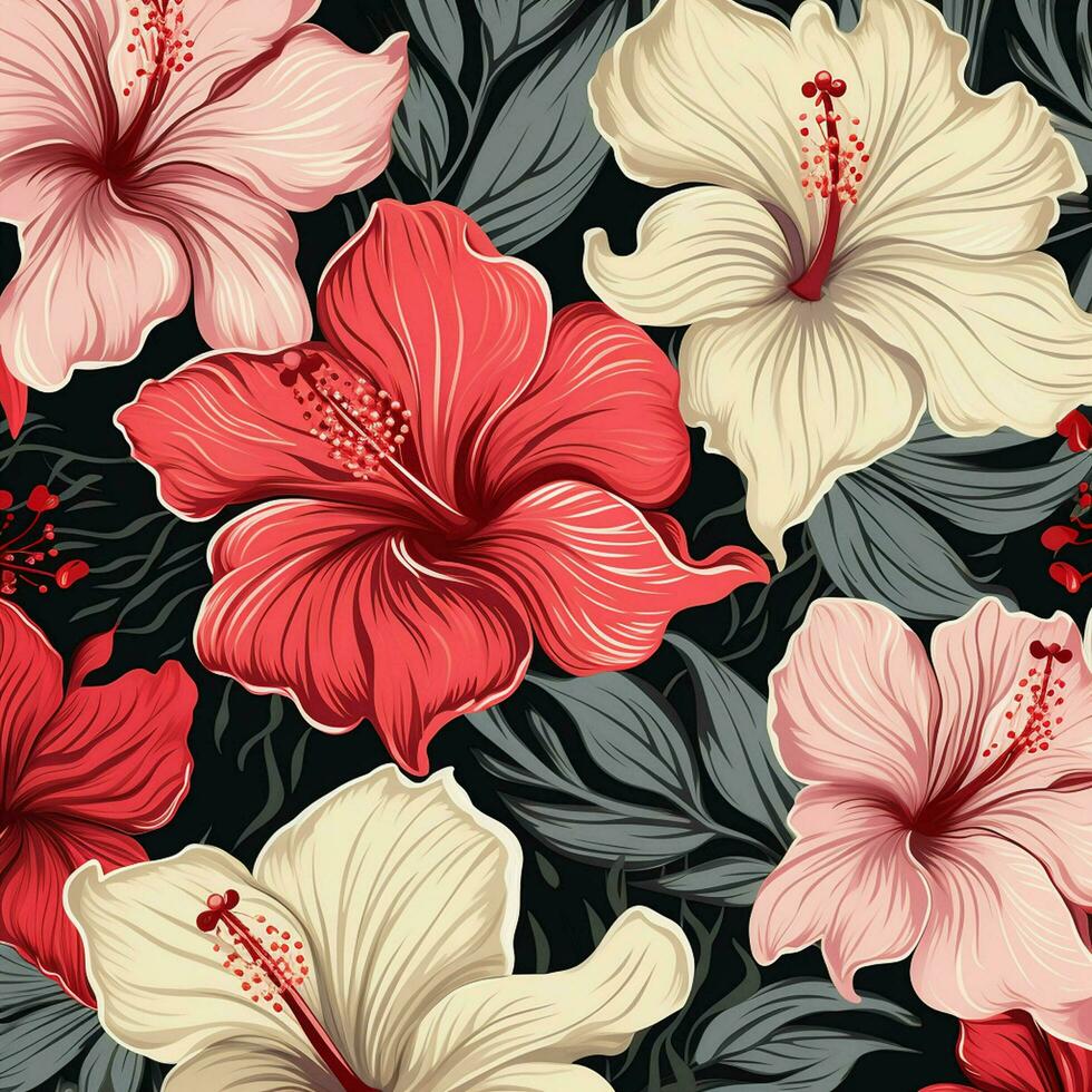 tropical hibiscus flowers and palm leaves background. ai generated free photo