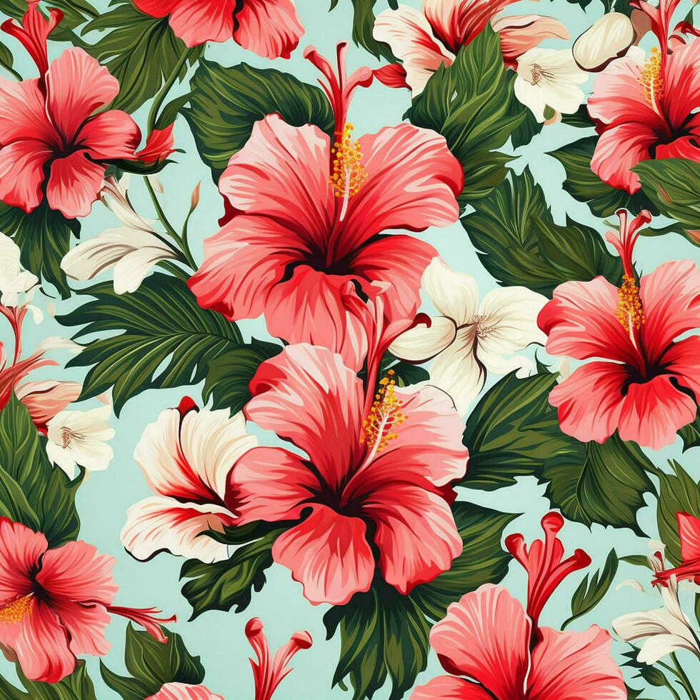 tropical hibiscus flowers and palm leaves background. ai generated free photo