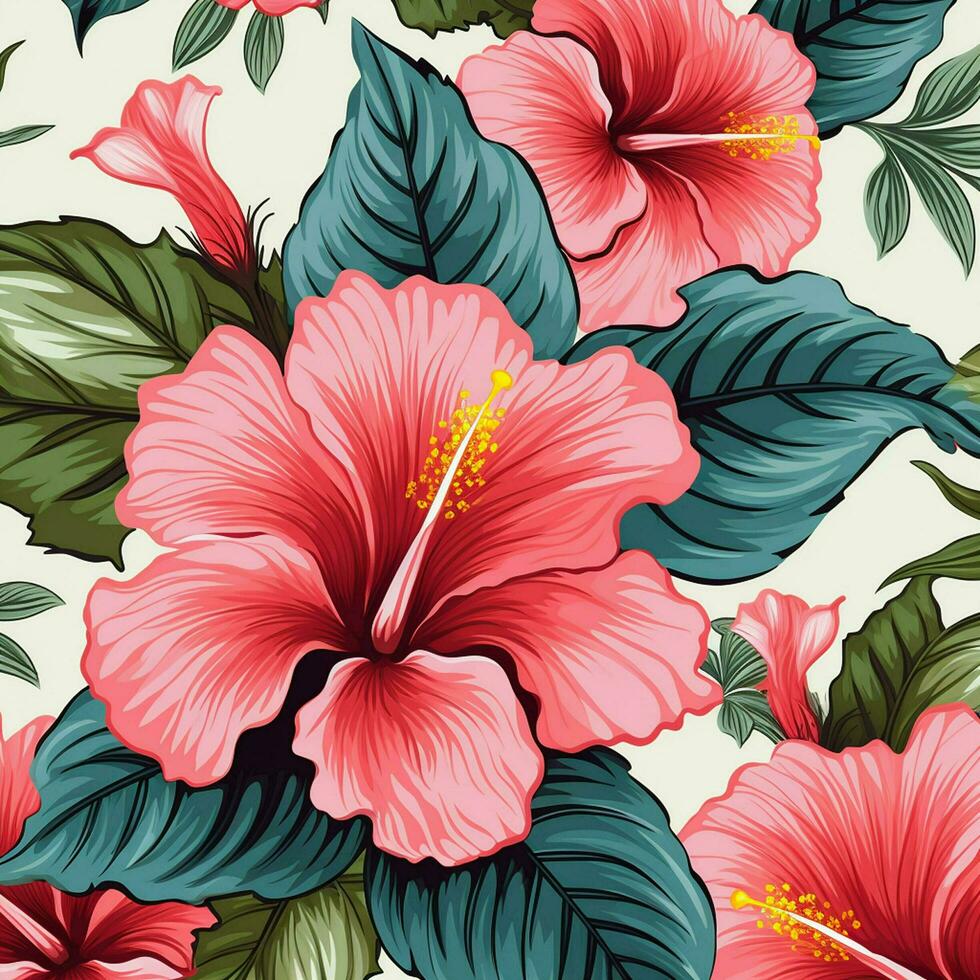 tropical hibiscus flowers and palm leaves background. ai generated free photo